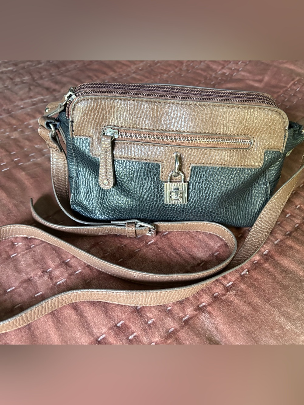 Ralph Lauren Chaps two-tone leather crossbody bag featuring a brass lock detail